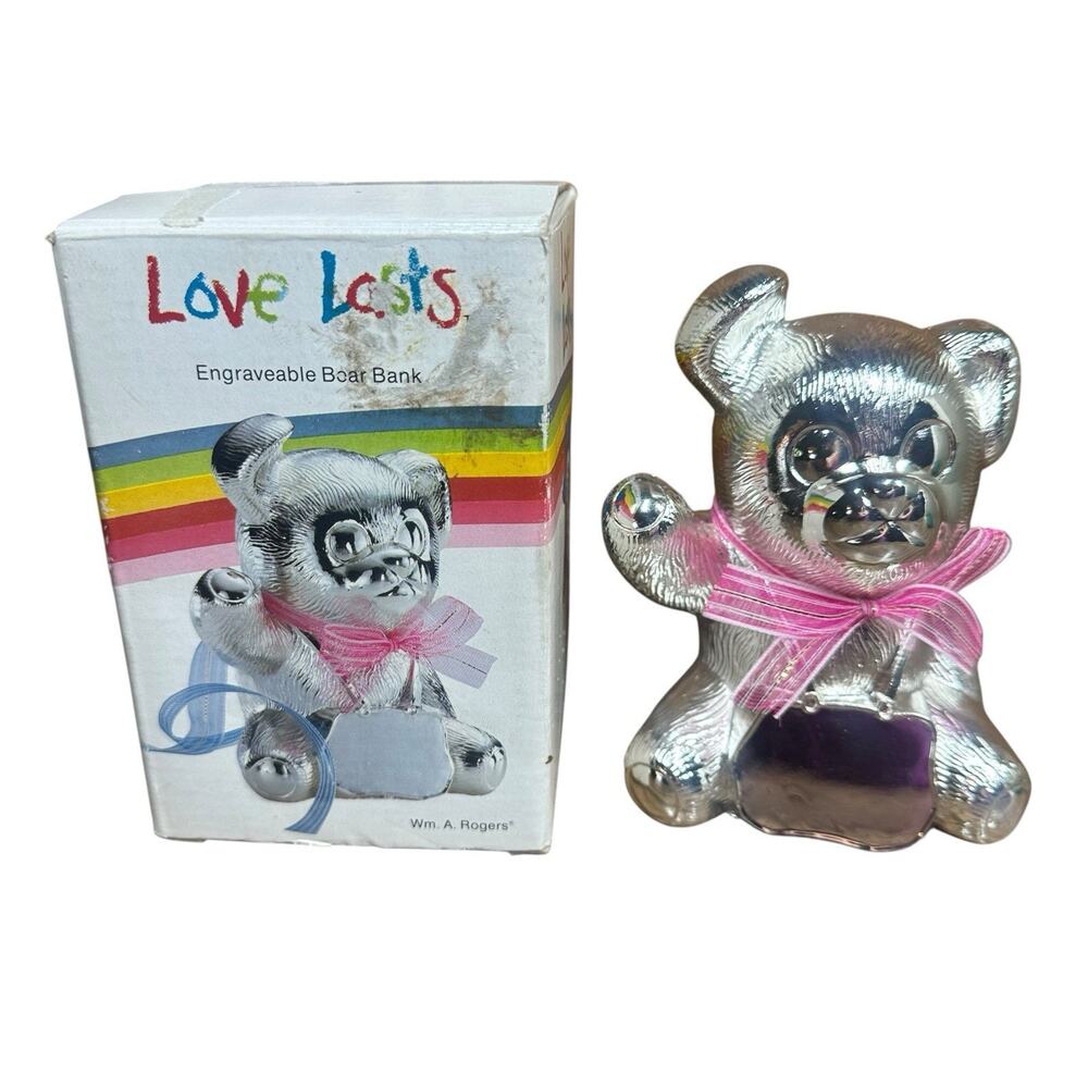 Wm A Rogers Love Lasts Silverplate Engraveable Teddy Bear Bank Pink Bow Japan 5"